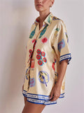 Women's 2pcs Casual Cartoon Print Button Up Short Sleeve Top & Pants Set