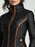 Stylish Contrast Trim Waist-cinched Diamond-quilted Padded Jackets