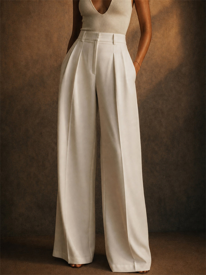 Women Casual Office High Waist Wide Leg Pleated Elegant Trousers