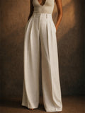 Women Casual Office High Waist Wide Leg Pleated Elegant Trousers