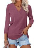 Women's Basic Casual Solid Color V Neck 3/4 Sleeve Shirts