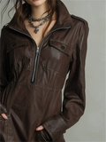 ‌Women's ‌Cool Girl‌ Style Faux Leather Front Zipper Mini Dress with Pockets‌
