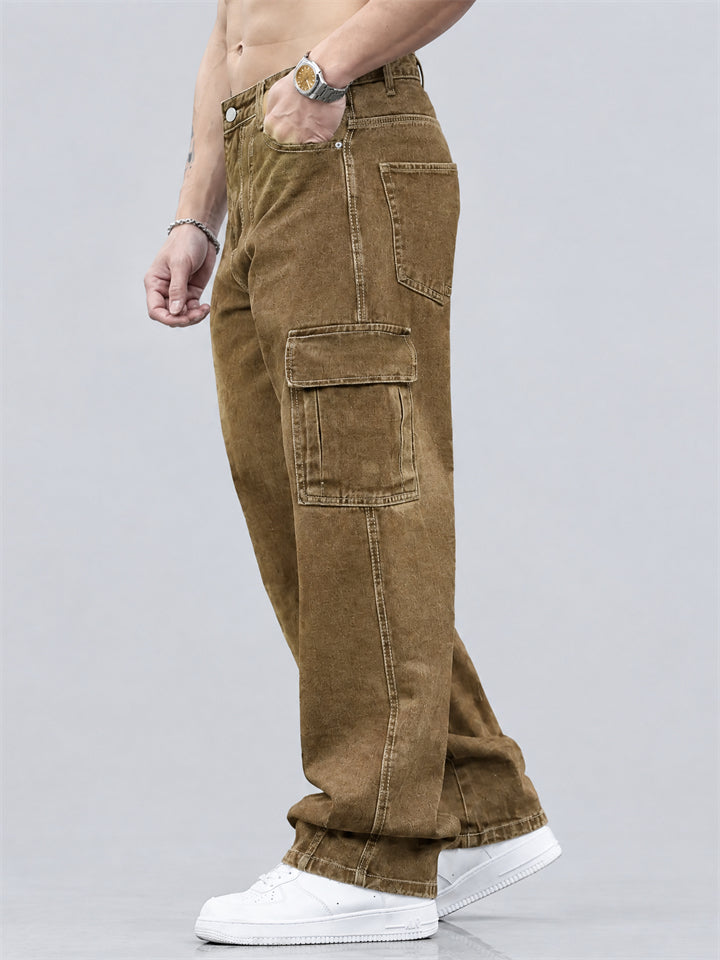Men Vintage Straight Leg Multi Pocket Cargo Denim Pants