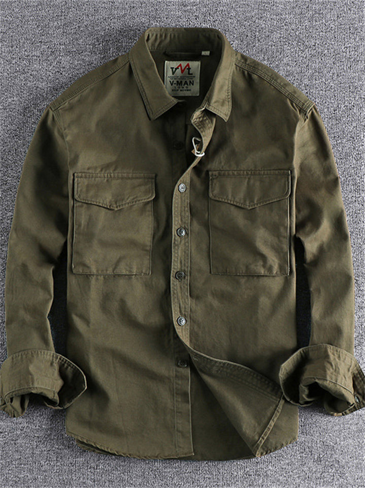 Men's Cotton Solid Color Long Sleeve Pockets Cargo Shirts