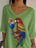 Women's Summer Casual Parrots Printed V Neck Half Sleeve Shirts