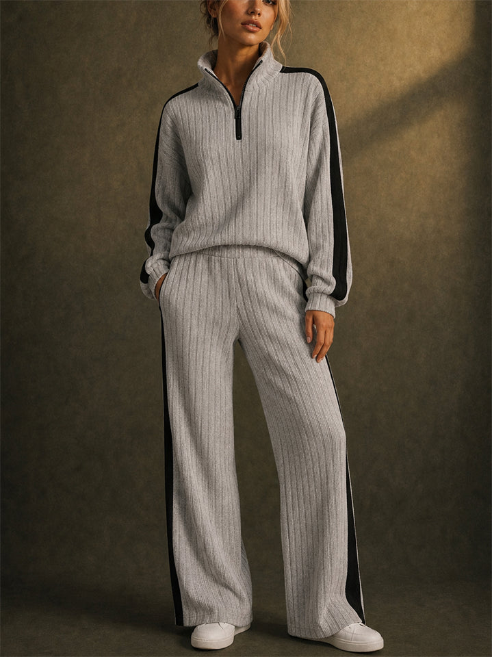 Women Ribbed Knit 2 Piece Set Quarter Zip and Wide Leg Tracksuit