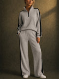 Women Ribbed Knit 2 Piece Set Quarter Zip and Wide Leg Tracksuit