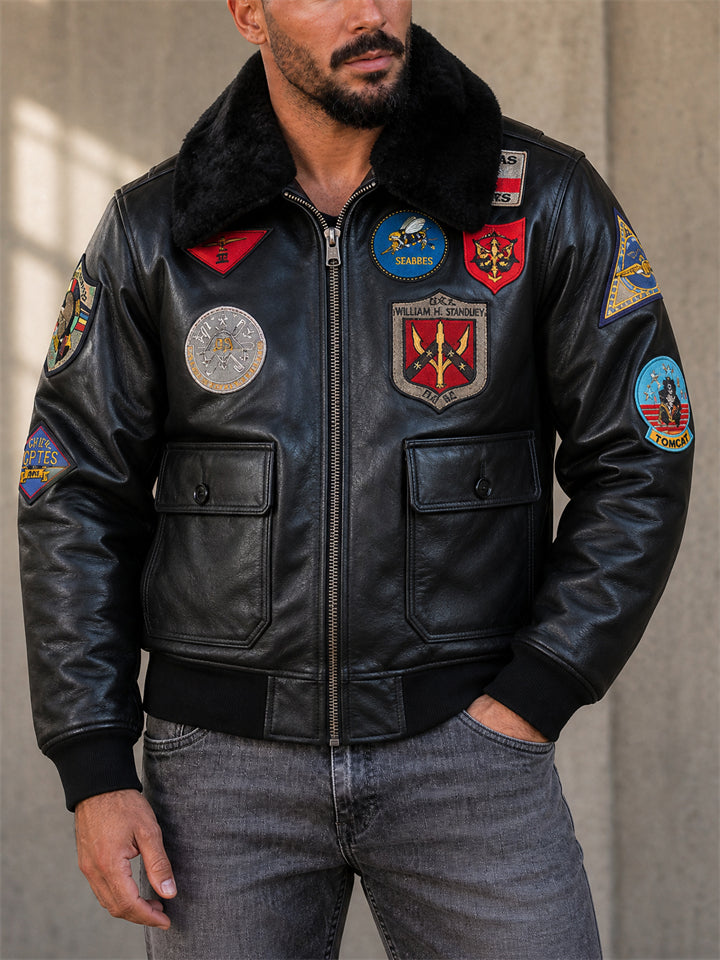 Men Leather Patches Flight Bomber Coat with Faux Fur Collar