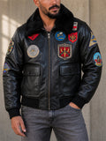 Men Leather Patches Flight Bomber Coat with Faux Fur Collar