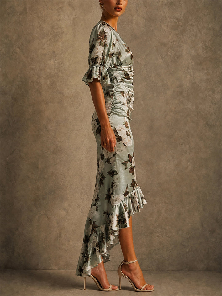 Women Elegant Floral Ruched V Neck High Low Ruffle Wedding Guest Dress