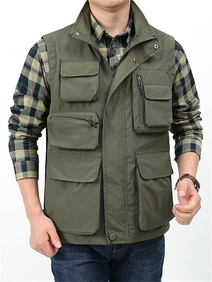 Men's Solid Color Pockets Casual Outdoor Sleeveless Vest Coats