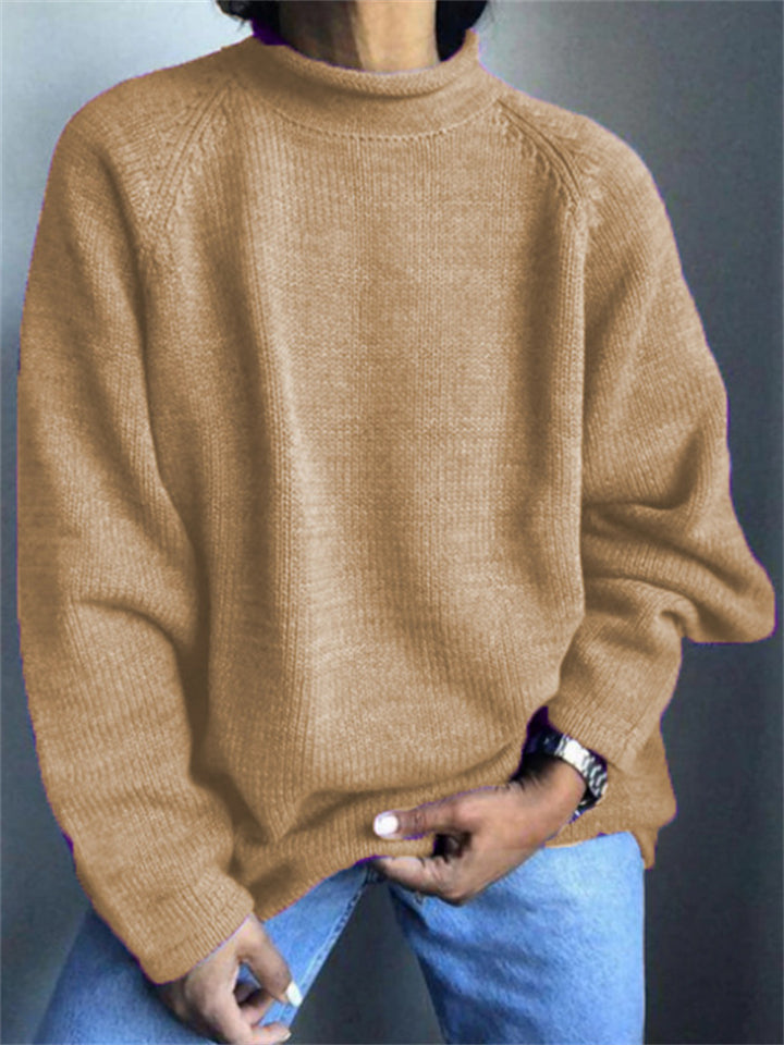 Solid Color Semi High Neck Long Sleeve Sweater for Women