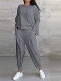 Women's 2Pcs Solid Color Sabrina Neck  Long Sleeve Top & Pockets Pants Set
