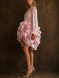 Women Pink Shiny Tiered Ruffle Long Sleeve Party Mini Dress