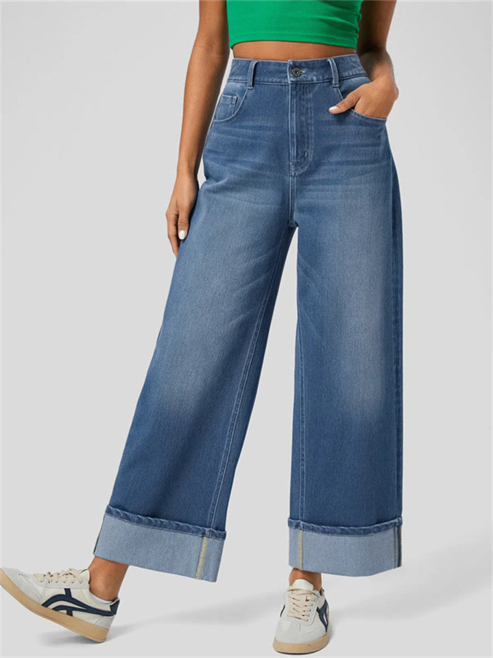 Women's Trendy High Waist Blue Wide Leg Denim Pants