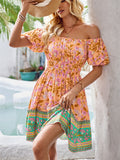 Bohemian Off Shoulder Puff Sleeve Print Beach Dress for Lady