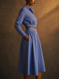 Ladies' 2Pcs Summer Trendy Blue Striped Long Sleeve Cropped Top & Skirt Set