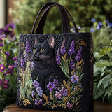 Quilted Cute Black Cat Floral Tote Bag for Women