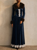 Women Fur Collar Lace Trim Blue Victorian Velvet Maxi Dress