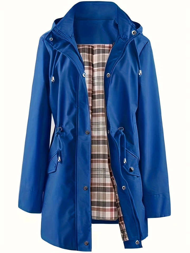 Women's Autumn Drawstring Waist Plaid Lining Trench Coat with Detachable Hood