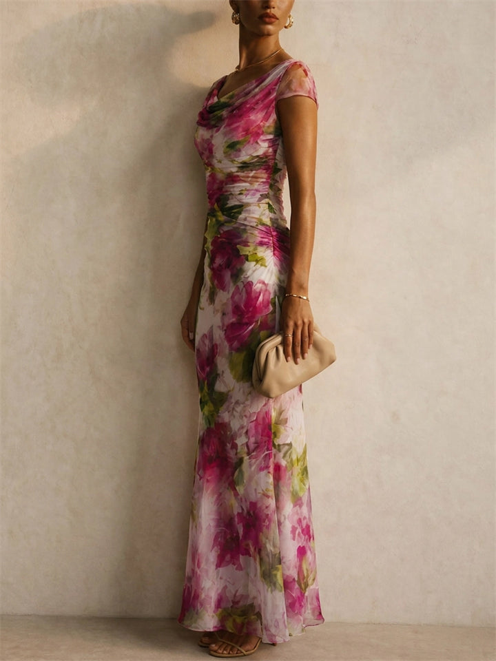 Womens Floral Ruched Mesh Cap Sleeve Elegant Midi Dress