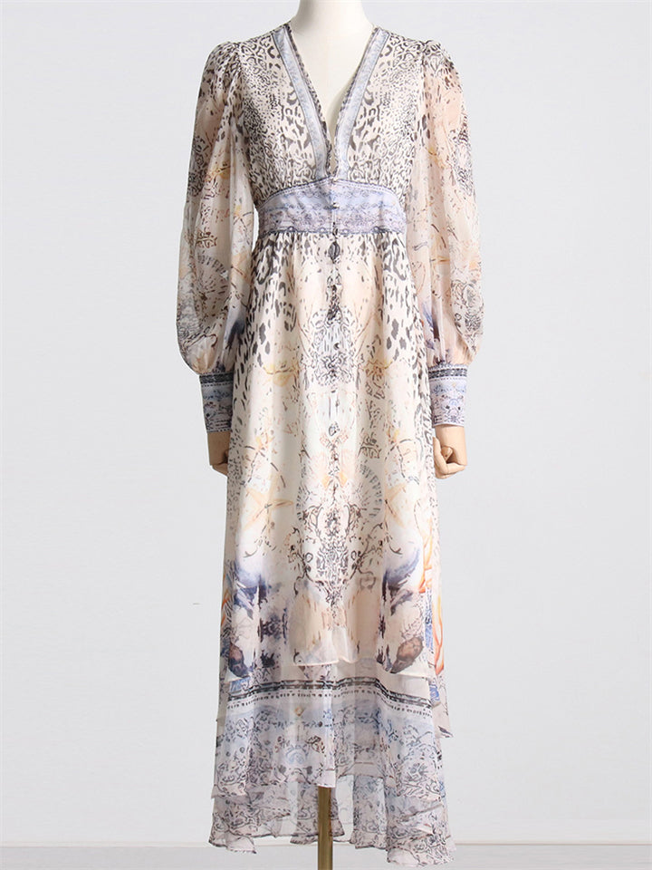 Women's Summer Long Sleeve V-Neck Leopard & Floral Print Maxi Dress