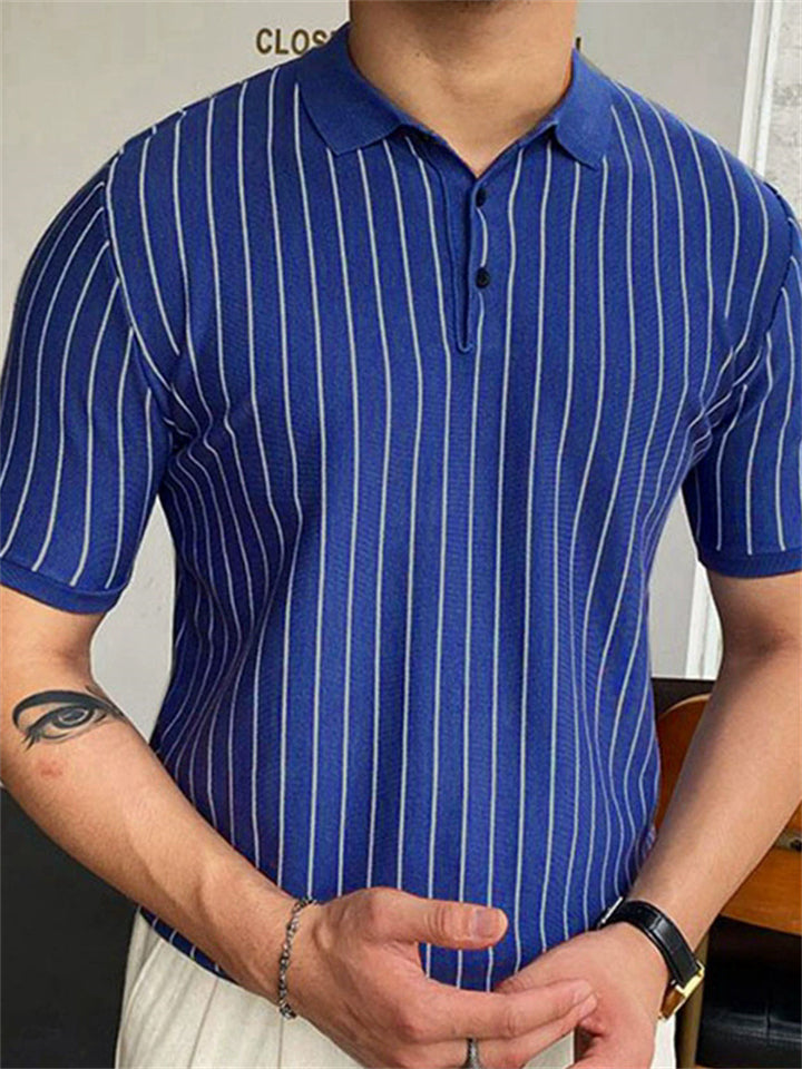 Blue Striped Slim Short-sleeved Lapel Polo Shirts for Men