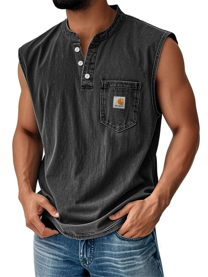 Men's Retro Cotton Distressed Pocket Sleeveless Henley Shirts
