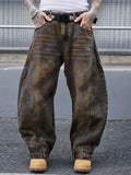 Men's Streetwear Vintage Loose Fit Wash Denim Scimitar Jeans