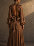 Women Metallic Pleated Tie Neck Lantern Sleeve Maxi Dress