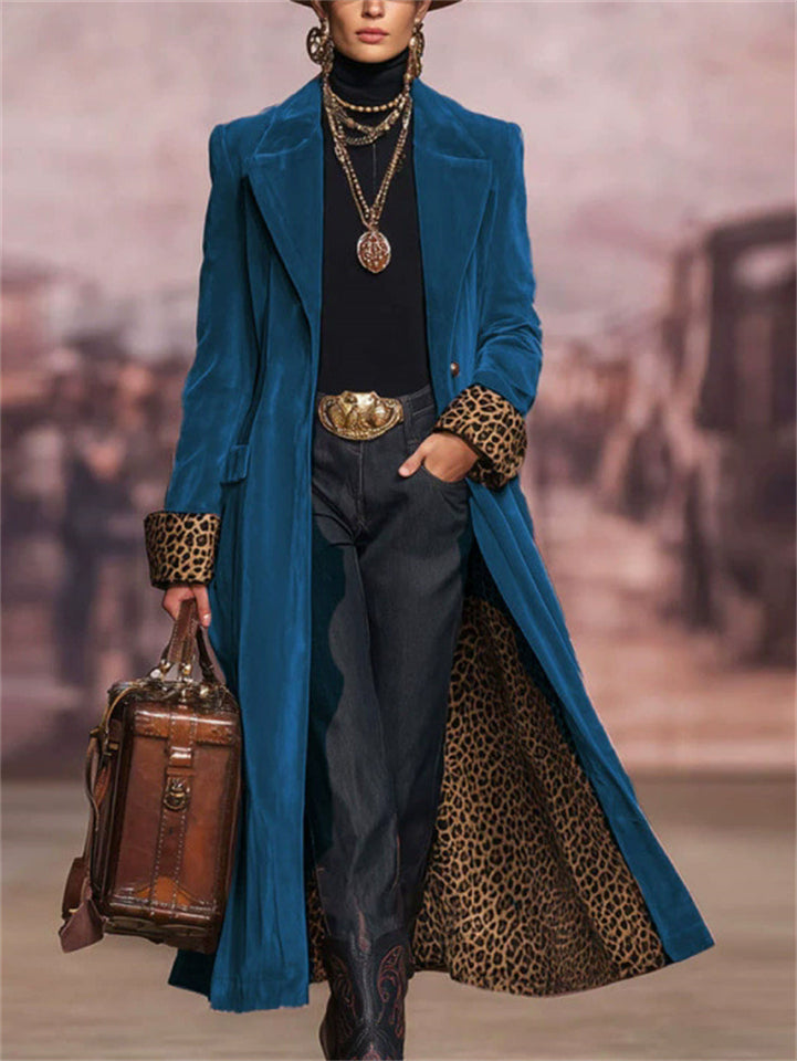 Blue Velvet Leopard Trim Lapel Single Breasted Coat for Women
