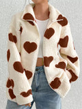 Women's Autumn Fleece Cute Heart Shape Pattern Zip Up Coats