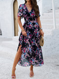 V-Neck Floral Print Holiday Maxi Dresses for Ladies