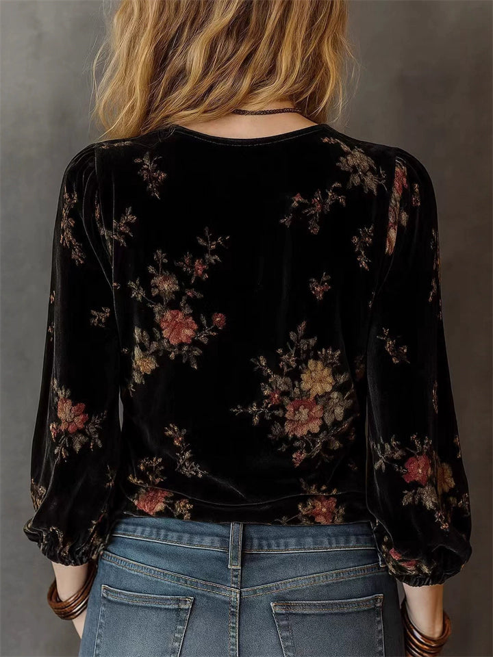 ‌Women's Vintage Velvet Floral Print Long Sleeve Casual Shirts