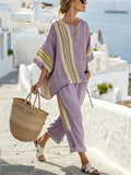 Women's 2pcs Summer Casual Contrasr Color Short Sleeve Top & Pants Set