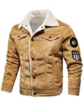 Men's Faux Suede Fleece Lined Warm Coat with Pockets and Patches
