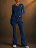 Women Ribbed Knit 2 Piece Lounge Long Sleeve Top and Flare Pants Set