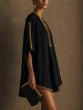 Women Black V Neck Boho Gold Trim Kaftan Mini Dress