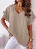 Women's V Neck Short Sleeve Cozy Cotton Linen T-shirt for Summer