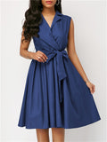 Women's Solid Color V Neck Lapel Tie-Waist Sleeveless Dress