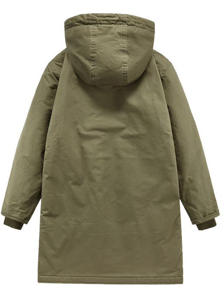 Men's Retro Solid Color Letter Print Fleece-lined Hooded Coat