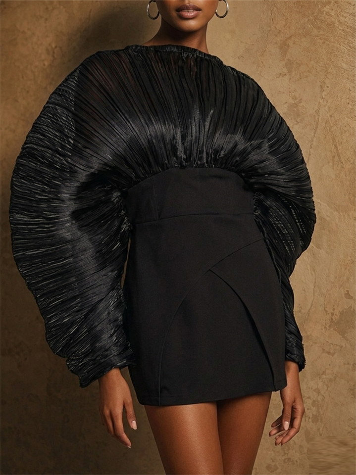 Women Black Pleated Lantern Sleeve Mini Cocktail Dress
