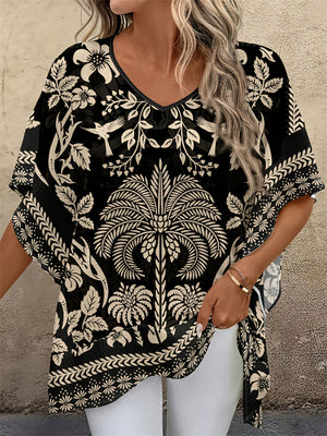 Women's Casual Simple Printed V Neck Patchwork Short Sleeve Shirts