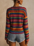 Womens Boho Rainbow Striped Geometric Crewneck Knit Top