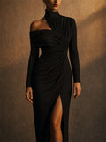 Women Ruched High Neck Asymmetric Slit Bodycon Dress