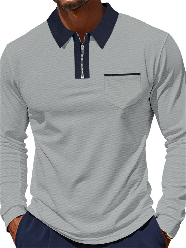 Men's Classic Breathable Lapel Contrast Color Long Sleeve Polo Shirts
