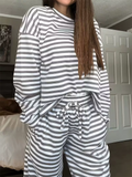 Women's Comfy Round Neck Striped Loose Fit Casual Top and Drawstring Pants Set