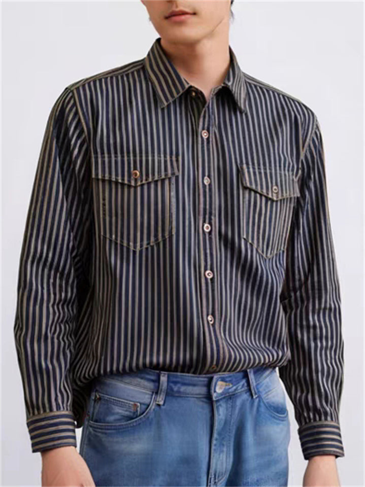 Men's Retro Cotton Long Sleeve Stripe Lapel Cargo Shirts
