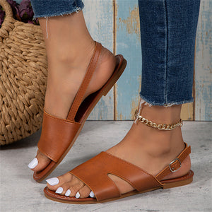 Women's Side Hollow Out Metal Buckle Summer Leather Sandals