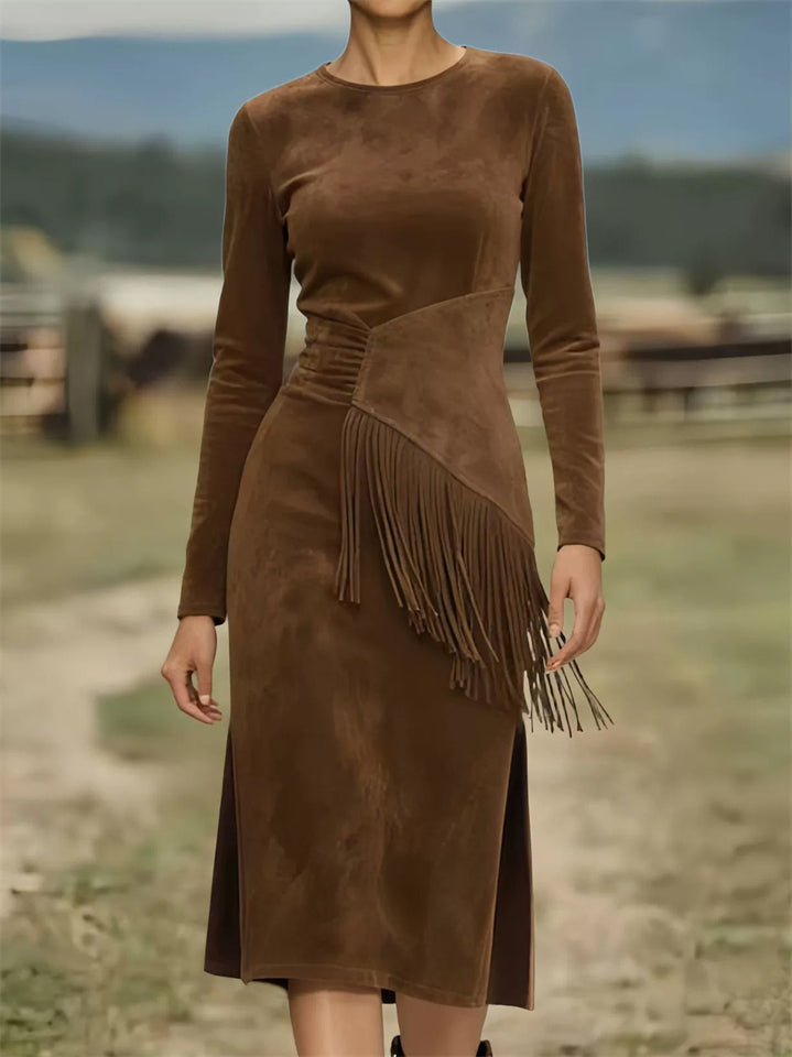 ‌Autumn Suede Side Slit Slim Fit Fringe Dress for Women‌